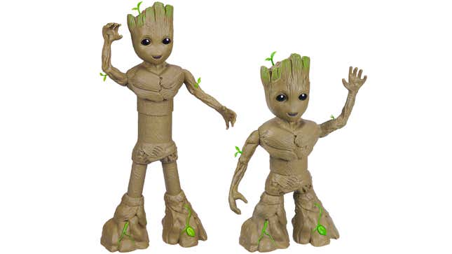 The 13.5-inch version of Hasbro's Groove ‘N Grow Groot next to the fully grown, 18-inch version of the toy.