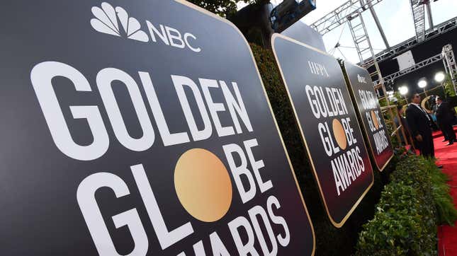 Event signage appears above the red carpet at the 77th annual Golden Globe Awards, Sunday, Jan. 5, 2020.
