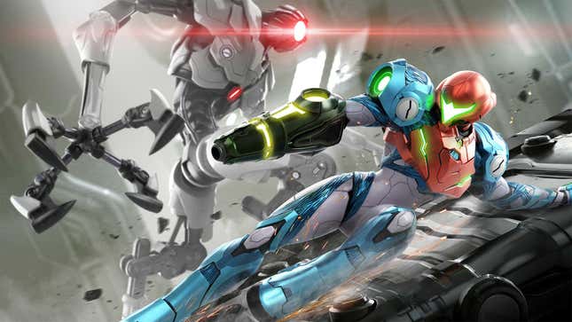 Image of Samus Aran sliding on the ground as a robotic E.M.M.I enemy stands in the background