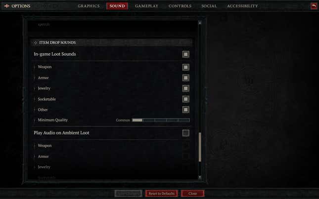 Una captura de pantalla de un menú en Diablo IV muestra opciones de sonido.