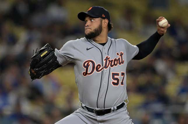 Sep 18, 2023; Los Angeles, California, USA;  Detroit Tigers starting pitcher Eduardo Rodriguez (57) delivers in the first inning against the Los Angeles Dodgers at Dodger Stadium.