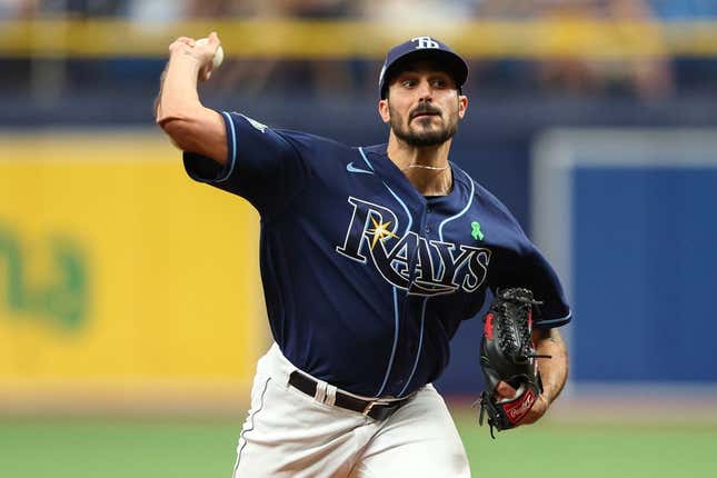 May 4, 2023; St. Petersburg, Florida, USA;  Tampa Bay Rays starting pitcher Zach Eflin (24) throws a pitch  against the Pittsburgh Pirates in the second inning at Tropicana Field.