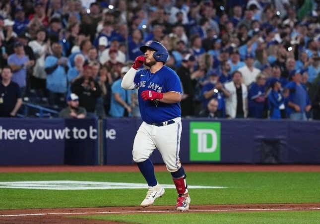 Apr 11, 2023; Toronto, Ontario, CAN; Toronto Blue Jays catcher Alejandro Kirk (30) celebrates after hitting a three-run home run against the Detroit Tigers during the eighth inning at the Rogers Centre.