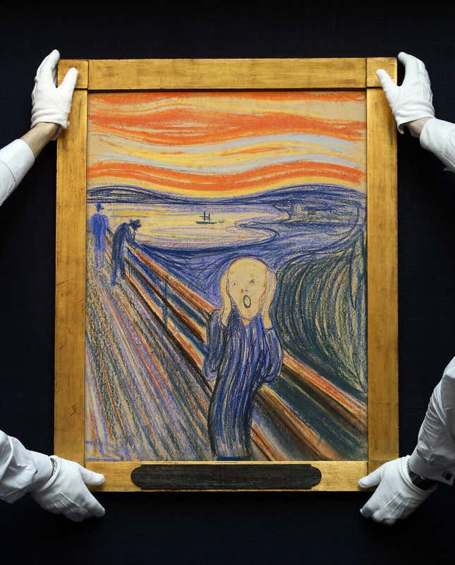 Edvard Munch’s ‘The Scream’ is seen as it is hung for display at a 2012 Sotheby’s auction.