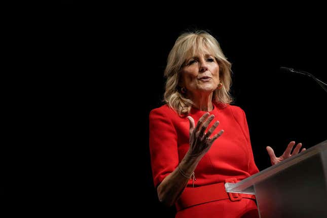 First Lady Jill Biden speaks at the Community College National Legislative Summit at the Marriott Marquis on February 7, 2022, in Washington, DC. 