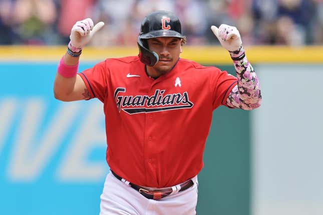 May 14, 2023; Cleveland, Ohio, USA; Cleveland Guardians designated hitter Josh Naylor (22) rounds the bases after hitting a home run during the eighth inning against the Los Angeles Angels at Progressive Field.
