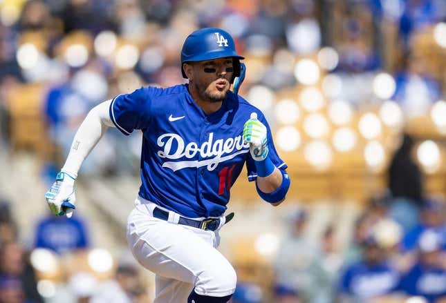 Feb 26, 2023; Phoenix, Arizona, USA; Los Angeles Dodgers infielder Miguel Rojas against the Chicago Cubs during a spring training game at Camelback Ranch-Glendale.