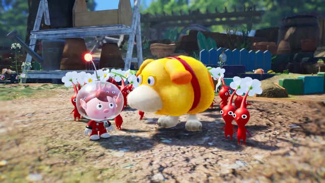 A created Pikmin character stands around with the dog companion Oatchi and several other Pikmin.