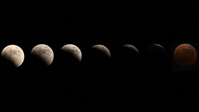 Different stages of the lunar eclipse above Tokyo, Japan combined into one image.