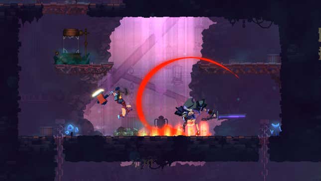 A player leaps forward toward an enemy with an axe.