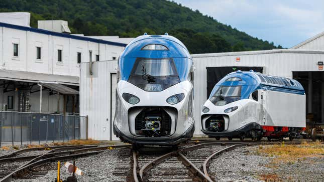 Completed Amtrak Acela trainsets in the yard of the at the Alstom production facility in Hornell, N.Y., Wed., July 27, 2022.