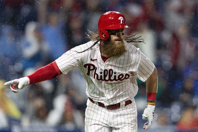 Apr 26, 2023; Philadelphia, Pennsylvania, USA; Philadelphia Phillies center fielder Brandon Marsh (16) reacts after hitting a single against the Seattle Mariners during the eighth inning at Citizens Bank Park.