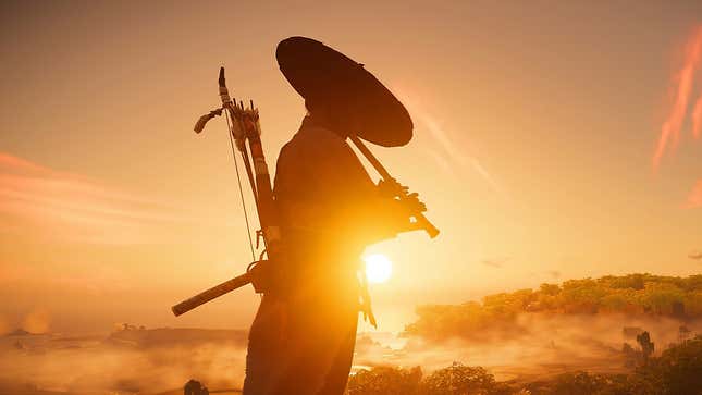 Jin Sakai plays a flute at sunset in Ghost of Tsushima on PS4.