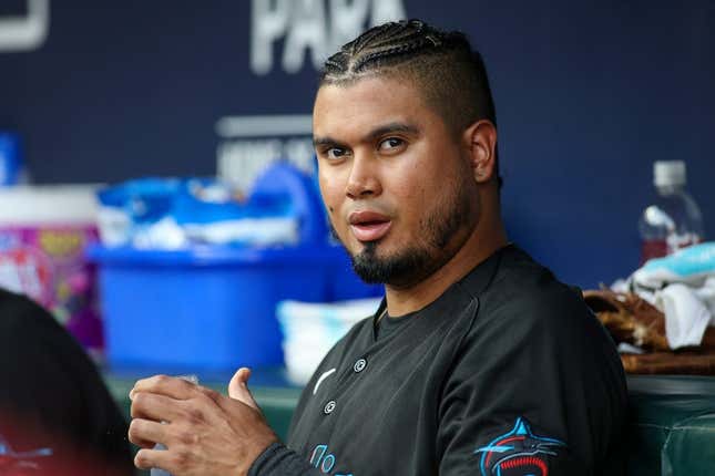 Jun 30, 2023; Atlanta, Georgia, USA; Miami Marlins second baseman Luis Arraez (3) in the dugout against the Atlanta Braves in the second inning at Truist Park.