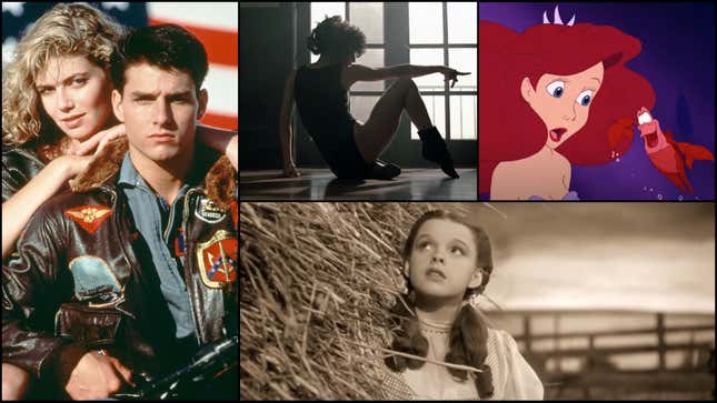 Clockwise from left to right: Tom Cruise and Kelly McGillis in a promotional portrait for Top Gun (Photo: Paramount Pictures/Archive Photos/Getty Images); Flashdance (Screenshot: Paramount Pictures/YouTube); The Little Mermaid (Screenshot: Disney/YouTube); The Wizard Of Oz (Screenshot: MGM/YouTube)
