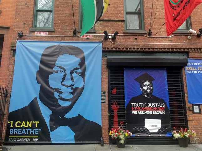 A memorial to Eric Garner outside film director Spike Lee’s studio in Fort Greene, Brooklyn; Eric Garner died July 2014 after being arrested by police who used a chokehold, his death sparking widespread outrage - his pleas to police officers as he was being arrested ‘I can’t breathe’ becoming a widespread slogan of protest. 