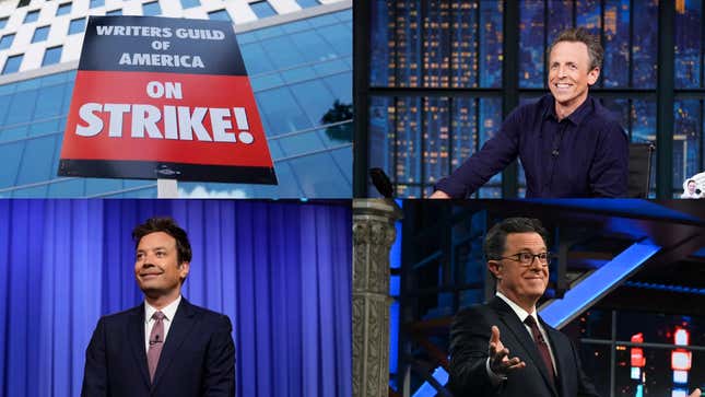  (From top left, clockwise): A sign from the WGA strike; Seth Meyers; Stephen Colbert; Jimmy Fallon