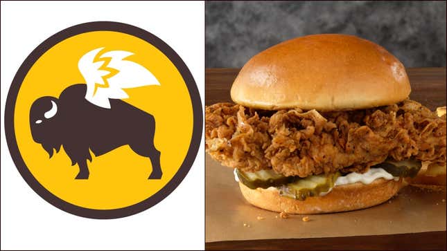 The Buffalo Wild Wings logo next to the chain's new fried chicken sandwich