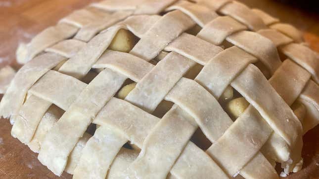 A perfect lattice crust on an apple pie.