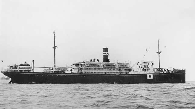 A black and white photo of the SS Montevideo Maru. 