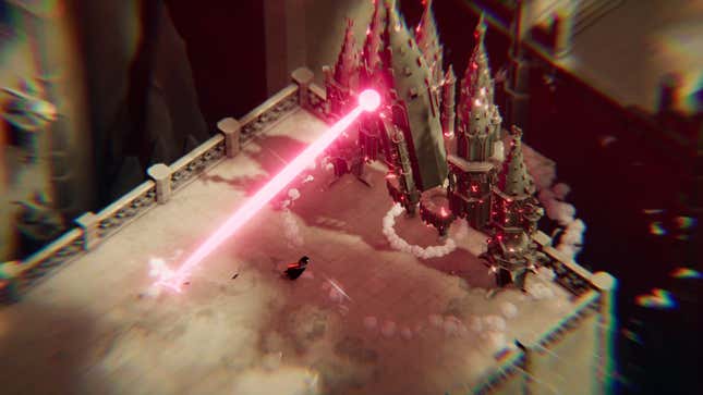 The crow dodges a laser from the castle boss in Death's Door.