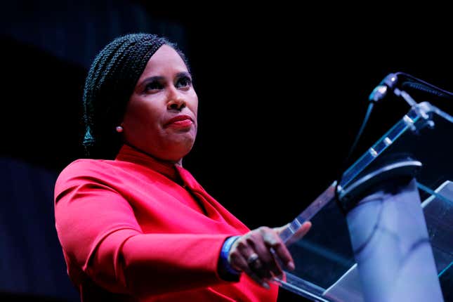 Worcester, MA - June 4: Secretary of State candidate Tanisha Sullivan addresses delegates during the State Democratic Party convention in Worcester, MA on June 04, 2022. 