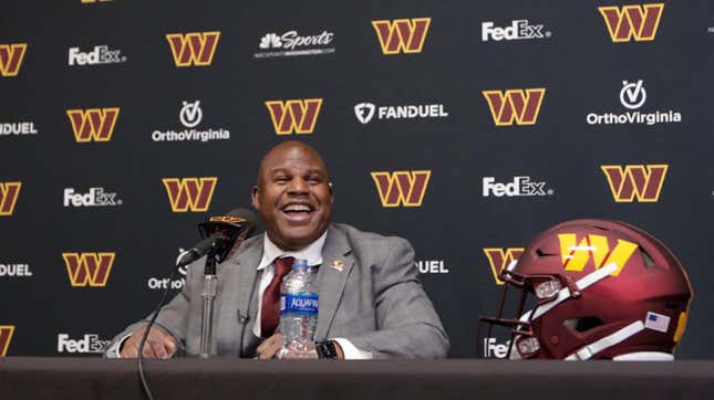 Eric Bieniemy talks after being introduced as the new offensive coordinator and assistant head coach of the Washington Commanders on Feb. 23, 2023.