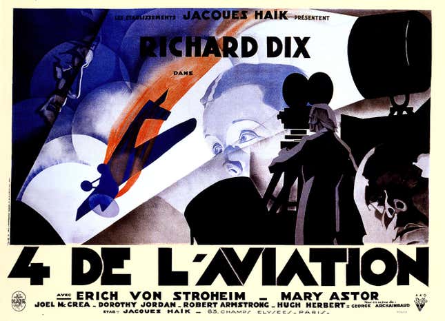 French four-panel poster for 4 de L’Aviation, directed by George Archainbaud, USA, 1932. Poster design by René Péron, 1932.