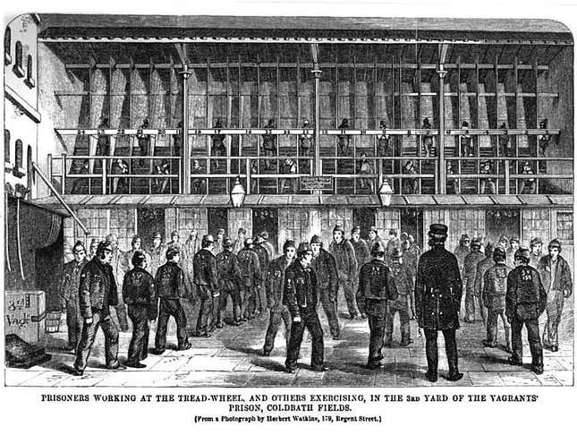 Prison treadmills could busy as many as 24 prisoners, standing side-by-side along the wheel.