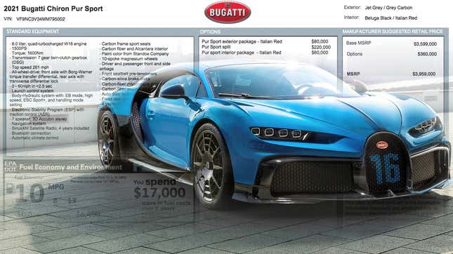 Image for article titled This Is What A $4 Million Bugatti Chiron Window Sticker Looks Like