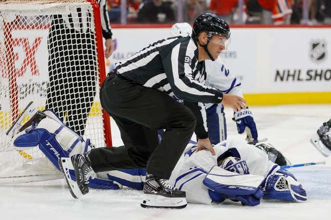 May 7, 2023; Sunrise, Florida, USA; Linesman Jonny Murray (95) checks on Toronto Maple Leafs goaltender Ilya Samsonov (35) after a collision during the second period against the Florida Panthers in game three of the second round of the 2023 Stanley Cup Playoffs at FLA Live Arena.