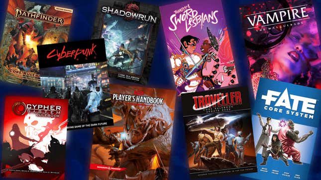 A collage of books shows several popular tabletop roleplaying games.