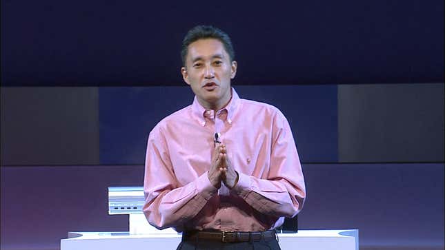 Former Sony president and CEO Kaz Hirai stands in front of the camera during the company's E3 2006 press conference.