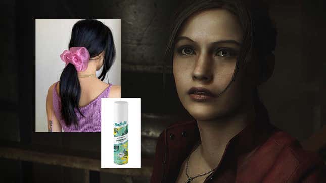 Claire Redfield in Resident Evil 2 remake stares out at dry shampoo and a pink hair scrunchie.