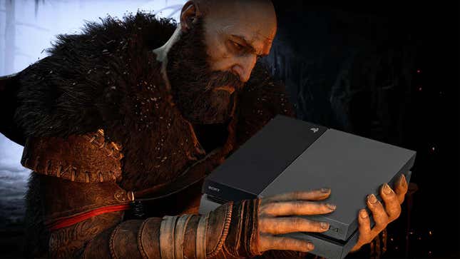 Kratos holds a black PS4 in his large hands. 