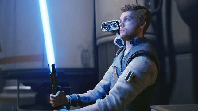 A screenshot shows a Jedi holding a blue lightsaber in the air. 