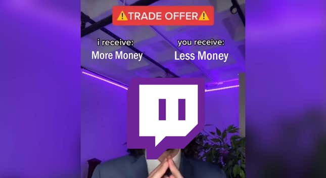 A screenshot of the Twitch logo superimposed over TikToker bradeazy folding his hands while wearing a suit.