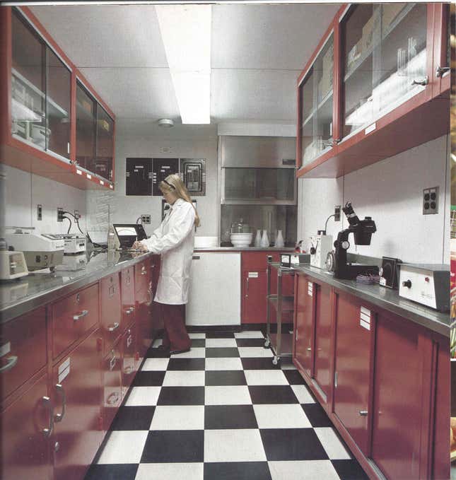 Barbara Pratt, director of refrigerated services for Maersk, working in a laboratory built in a shipping container circa 1978.