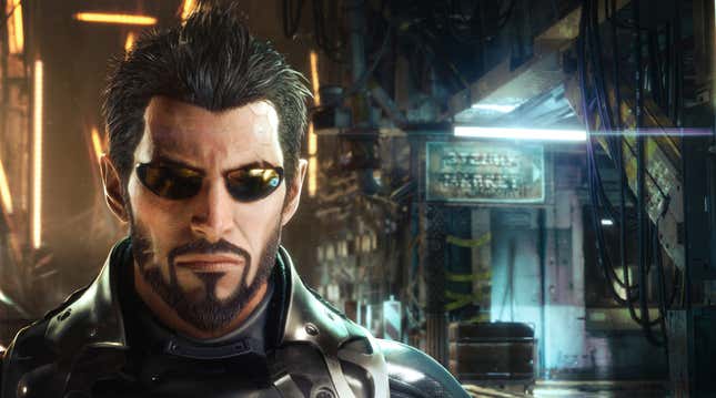 Adam Jensen stares into the distance while wearing awesome sunglasses on a gloomy night in Deus Ex: Mankind Divided.