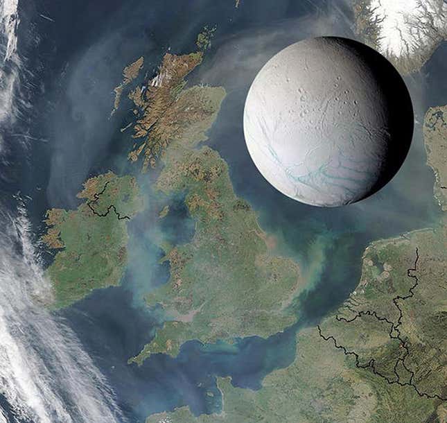 Encélado es una luna pequeña. Este es su tamaño comparado con Reino Unido.