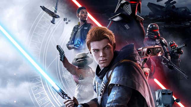Cal Kestis from Star Wars Jedi: Fallen Order holding his lightsaber in front of other characters.