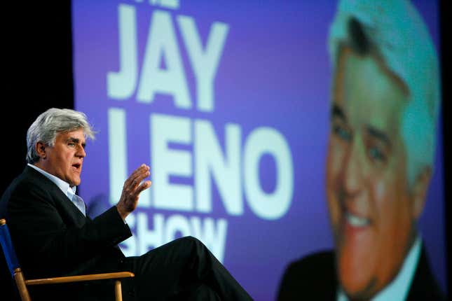Host Jay Leno gestures during a panel for his upcoming television series "The Jay Leno Show"