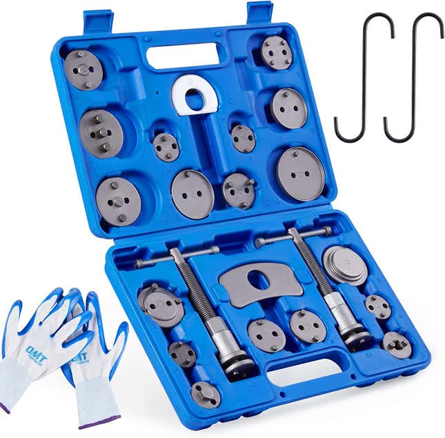 A set of brake caliper piston compression tools in a blue plastic case