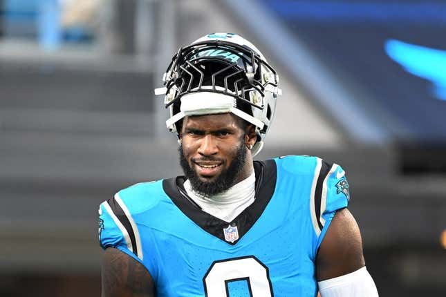 Aug 25, 2023; Charlotte, North Carolina, USA; Carolina Panthers linebacker Brian Burns (0) warms up before the game at Bank of America Stadium.