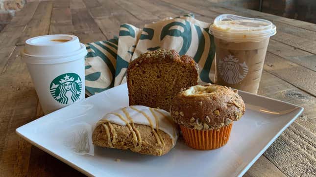 Starbucks Pumpkin Spice Latte and bakery items