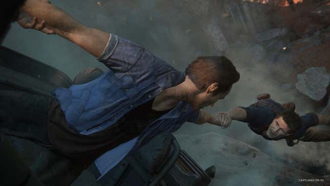 Nathan Drake's brother saves him from falling to his death. 