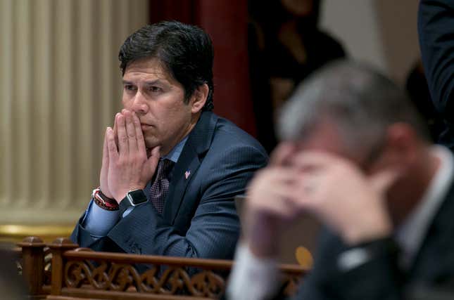 Senate President Pro Tem Kevin de Leon, D-Los Angeles, gestures on April 20, 2017, in Sacramento, Calif. Two months after becoming entangled in a racism scandal that shook public trust in Los Angeles government, the disgraced City Councilman has refused calls to resign and is attempting to rehabilitate his reputation as he faces a politically uncertain future.