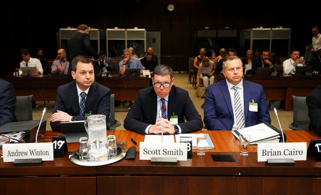 Lawyer Andrew Winton (l.) sits alongside witnesses Scott Smith, Hockey Canada president and COO, and Hockey Canada CFO Brian Cairo, as they appear at the standing committee on Canadian Heritage in Ottawa looking into how Hockey Canada handled allegations of sexual assault and a subsequent lawsuit