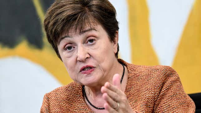 Kristalina Georgieva, the Managing Director of the International Monetary Fund,  looking behind the camera and gesturing with her hand.