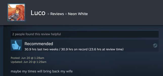 A Steam review for Neon White indicates positive buzz for the game on PC.